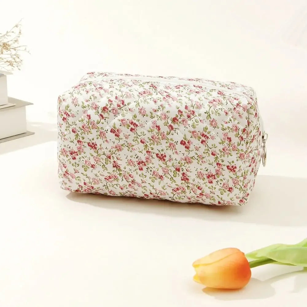 1PC Flower Printed Puffy Quilted Zipper Makeup Bag Storage Organizer Toiletry Handbag Cosmetic Pouch Large Travel Cosmetic Bag